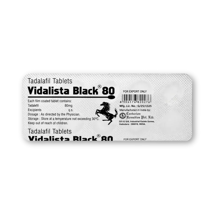 Vidallista Black 80 tadalafil 80 mg blister packaging showing Centurion Remedies manufacturer information.
