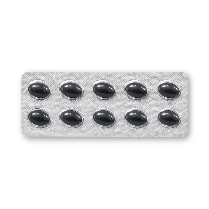 Blister pack containing ten black oval Vidallista Black 80 tablets.